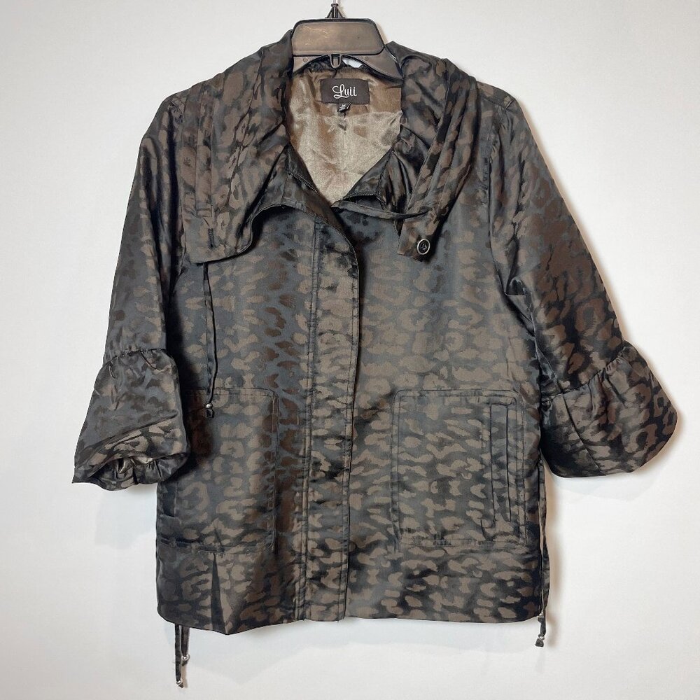 Luii Leopard Print‎ Jacket M Women’s Brown 3/4 Sleeve Full Zip Lined Pockets Tie